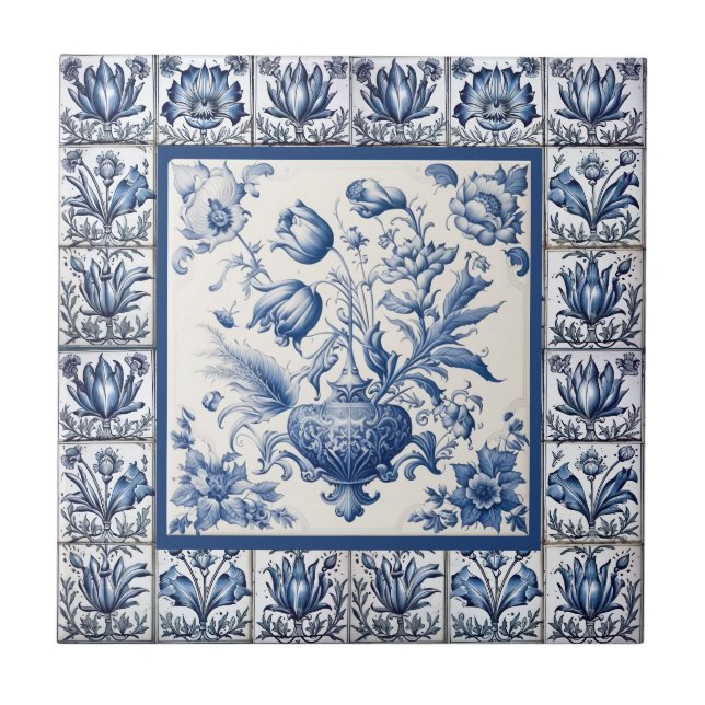 Carreau Superbe monogramme floral Bleu toile de jouy (Devant)