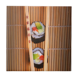Carreau Sushi et baguettes en bois