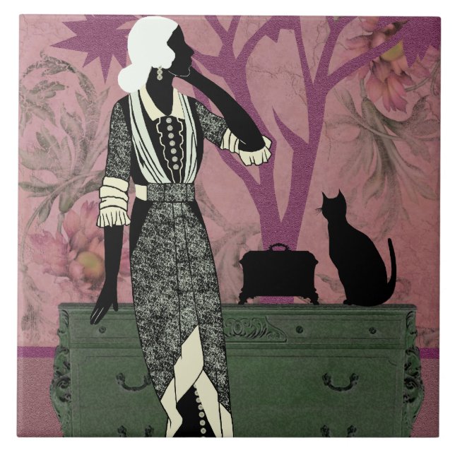 Carreau Suzanne et chat, mode vintage dans le lilas et (Devant)