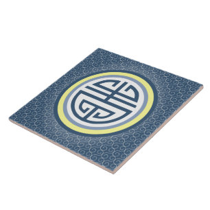 Carreau Symbole de longévité chinois Shou - bleu et jaune