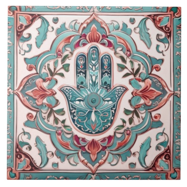 Carreau Symbole main de Hamsa - Aqua main Turquoise de Fat (Devant)