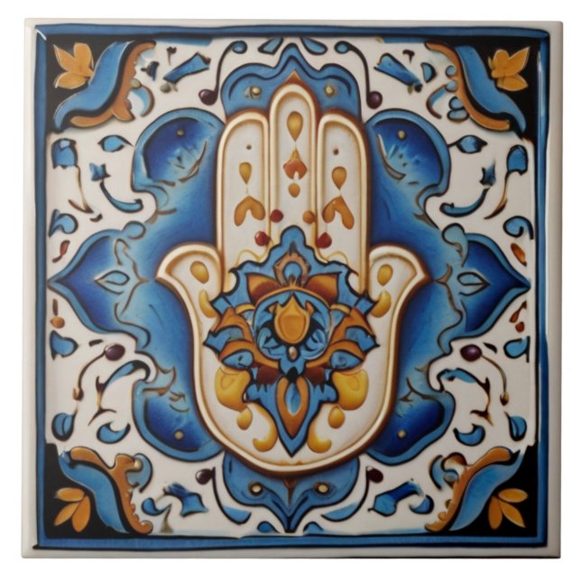 Carreau Symbole main de Hamsa - Main bleue et or de Fatima (Devant)