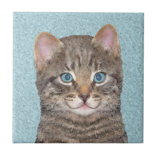 Carreau Tabby Gris Peinture Chat - Cute Original Art Chat