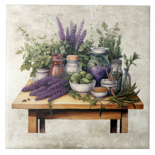 Carreau Table rustique avec aquarelles d'herbes