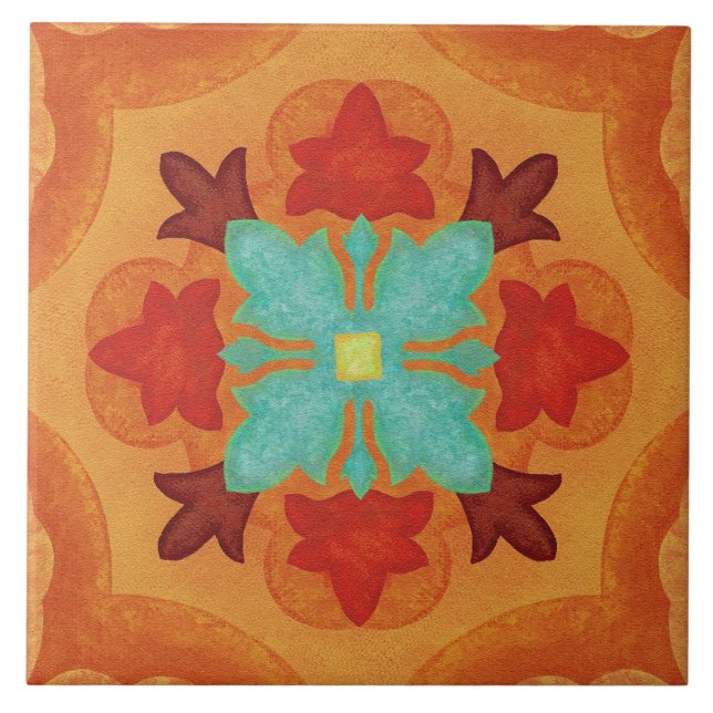 Carreau Talavera 02 Orange Rouge Bleu Méditerranéen Floral (Devant)
