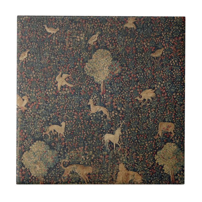 Carreau Tapisserie allegorique Millefleurs avec animaux (Devant)