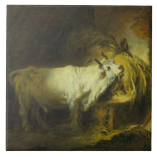 Carreau Taureau blanc dans le stable (huile sur la toile)