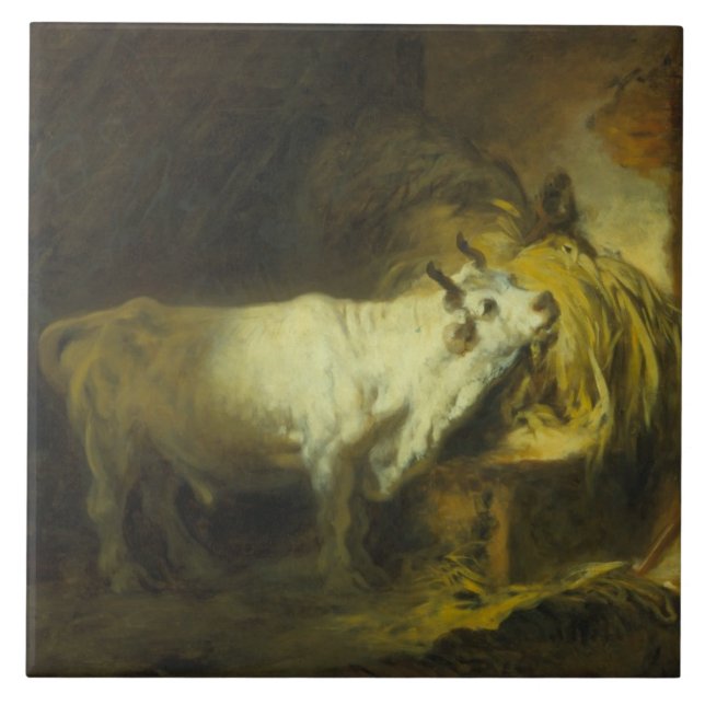 Carreau Taureau blanc dans le stable (huile sur la toile) (Devant)