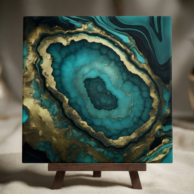 Carreau Teal Turquoise and Gold Agate Geode Liquid Marble (Créateur téléchargé)