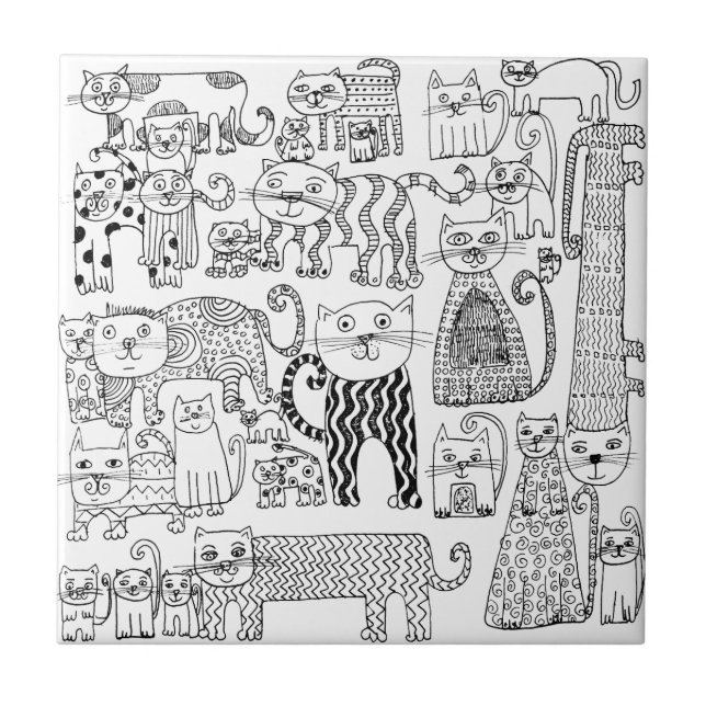 Carreau Tendance Whimsical noir et blanc modèle de chat (Devant)