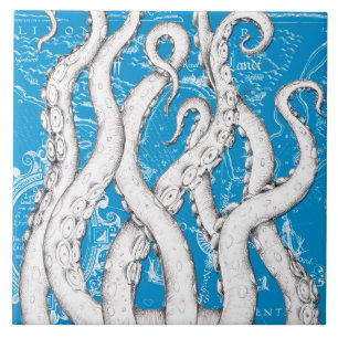 Carreau Tentacles blancs Octopus Carte Vintage Bleu Nautiq
