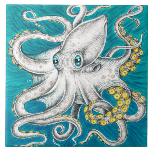 Carreau Tentacles de poulpe encre turquoise verte