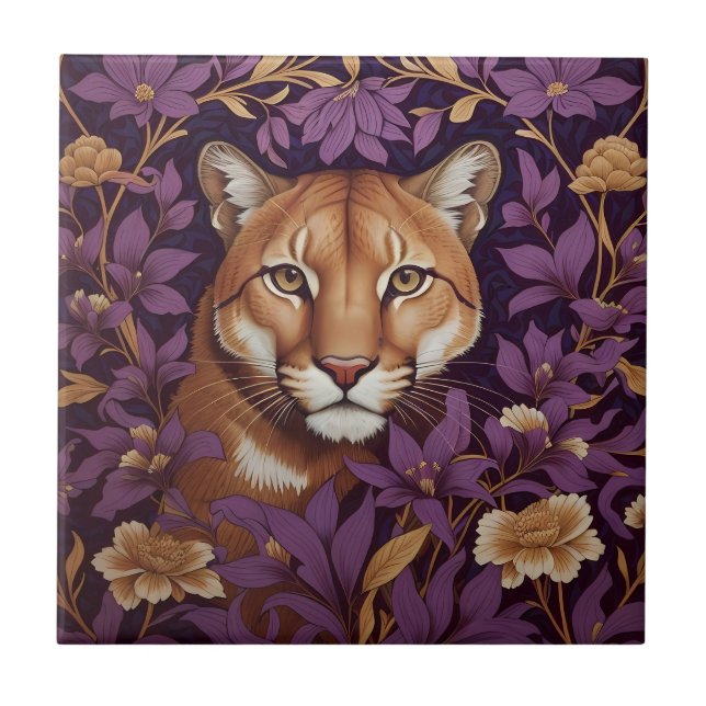 Carreau Tête de couguar parmi un feuillage et des fleurs d (Devant)