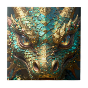 Carreau Tête de dragon turquoise et or