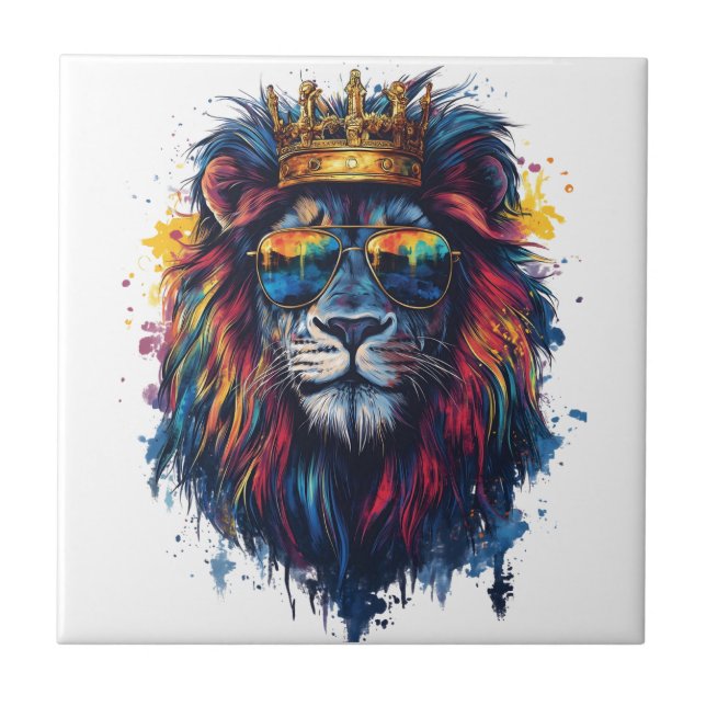 Carreau Tête de lion gras avec lunettes de soleil et couro (Devant)