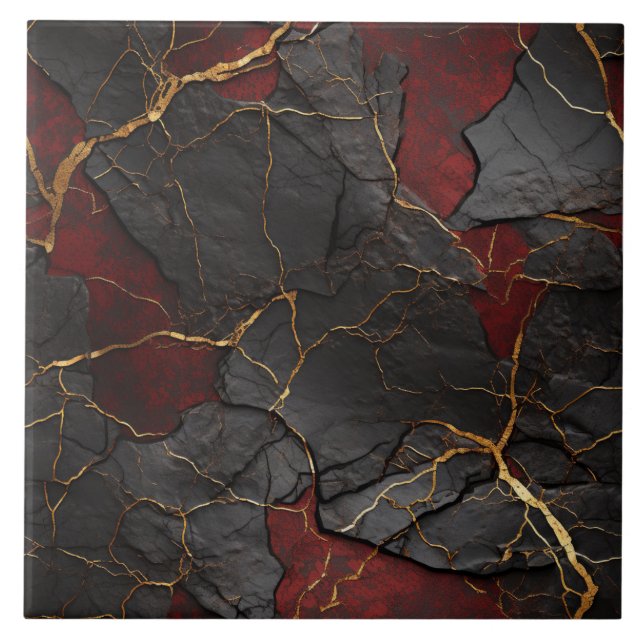 Carreau Texture de pierre fissurée, Noir rouge & Or (Devant)