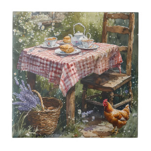 Carreau Thé matinal dans un jardin de cottage aquarelle