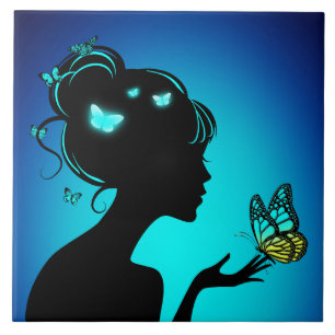 Carreau The woman butterflies blue Tile