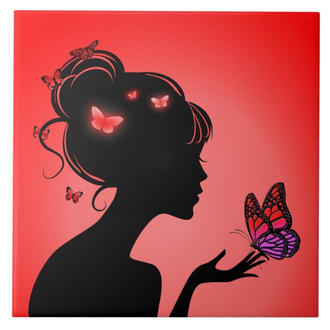 Carreau The woman butterflies red Tile (Front)
