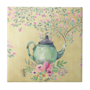 Carreau Théière d'aquarelle et or élégants de fleurs