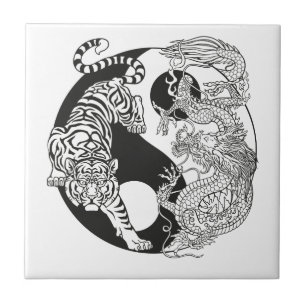 Carreau Tigre blanc contre dragon vert dans le Yin yang ce