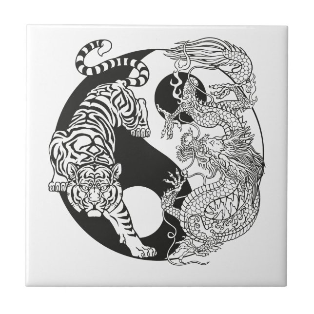 Carreau Tigre blanc contre dragon vert dans le Yin yang ce (Devant)