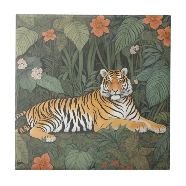 Carreau Tigre floral dans la jungle verte (Devant)