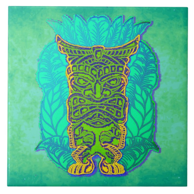 Carreau Tiki vert sur Turqoise Grungy Arrière - plan (Devant)