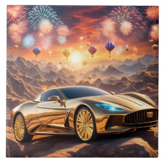 Carreau tile with a golden luxury car in desert landscape