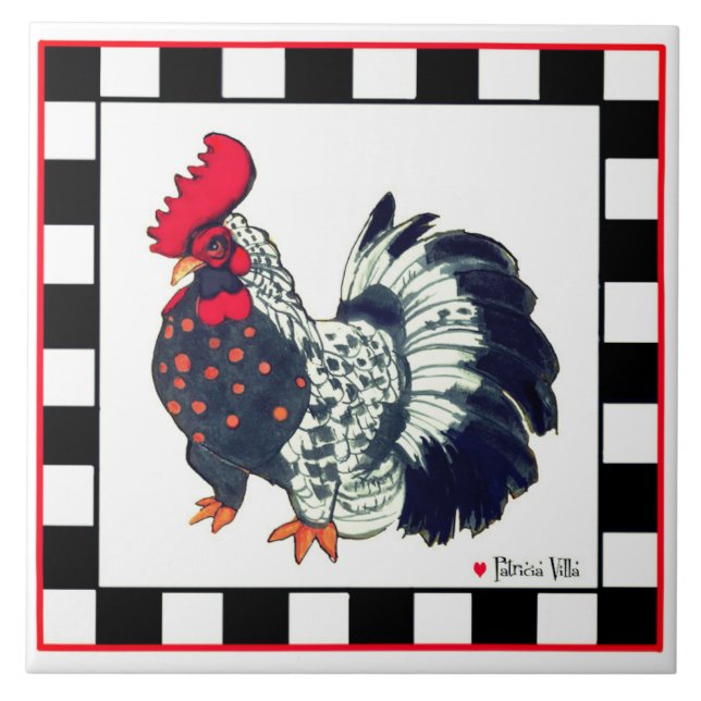 Carreau Tile with rooster art black white checks (Devant)