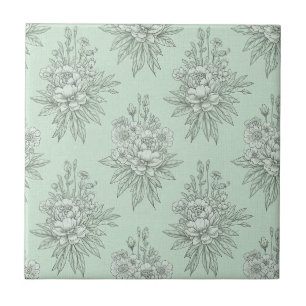 Carreau Toile botanique vert menthe avec bouquets floraux