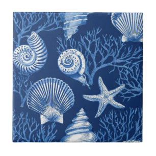 Carreau Toile Côtière Bleue Motif Corail Coquillage (2)