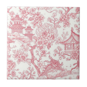 Carreau Toile de chinoiserie rose dragon fleur de cerisier
