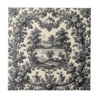 Carreau Toile De Jouy Countryside Floral Motif Monochrome 