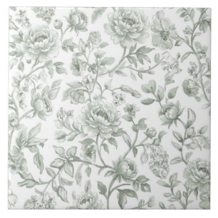 Carreau Toile-De-Jouy Florale à l'aquarelle Vert Sauge Vin