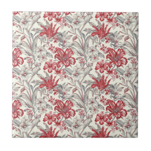 Carreau Toile de Jouy Flore rouge profond et gris subtil