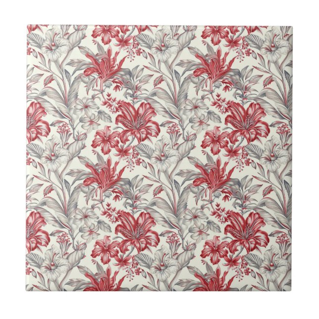 Carreau Toile de Jouy Flore rouge profond et gris subtil (Devant)
