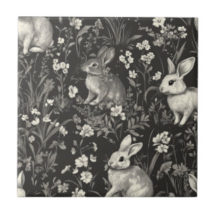 Carreau Toile de lapin français en motif floral noir