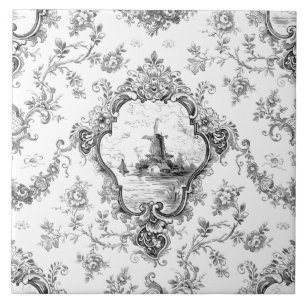 Carreau Toile florale gravée avec moulin à vent et batea