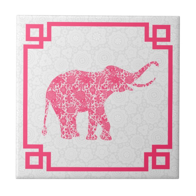 Carreau Tons Roses Joli Eléphant Floral Rétro 2 Avec Cadre (Devant)