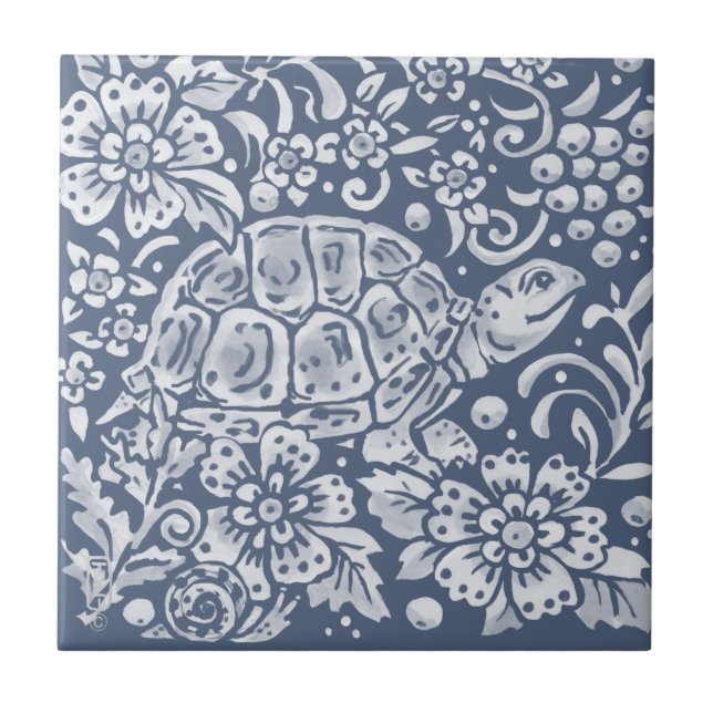Carreau Tortue bleue Escargot Floral Bois Jardin Animal  (Devant)