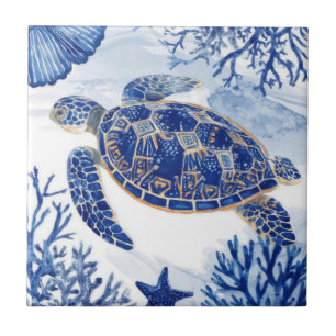 Carreau Tortue de mer à l'aquarelle Océan Bleu