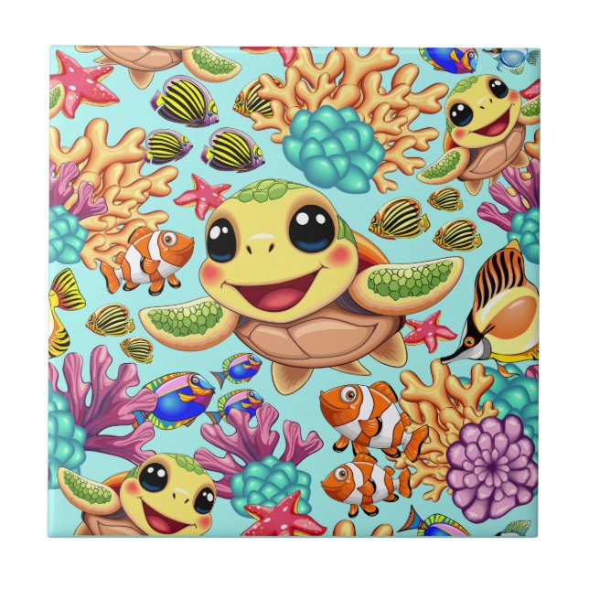 Carreau Tortue de mer Bébé heureux et mignonne personnage (Devant)