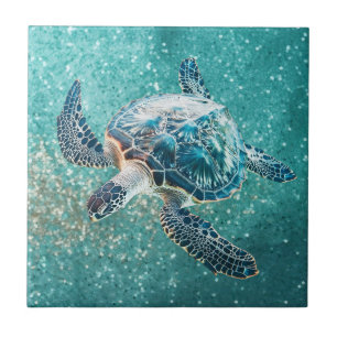 Carreau Tortue de mer turquoise scintillante Côtière