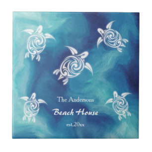 Carreau Tortues blanches Aquarelle bleu océan Texte côtier