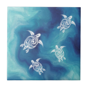 Carreau Tortues blanches Bleu Océan Aquarelle Côte
