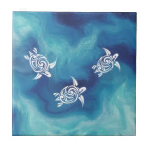 Carreau Tortues blanches dans l'aquarelle de l'océan bleu