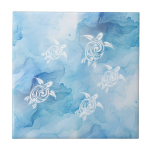 Carreau Tortues blanches eau bleue aquarelle côtière