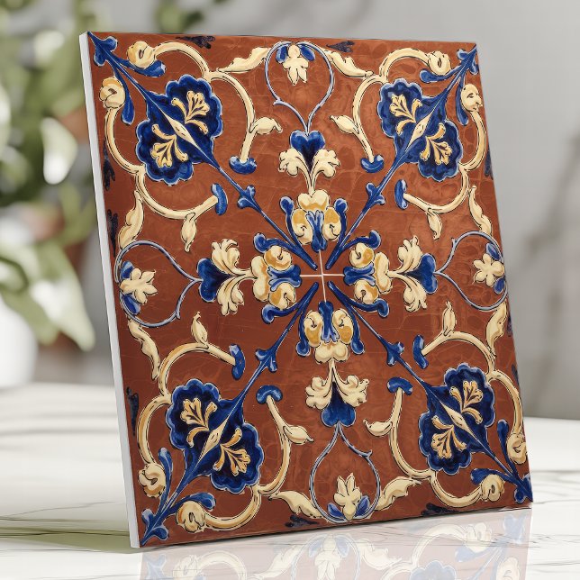 Carreau Toscane Terracotta Bleu et or Floral (Créateur téléchargé)