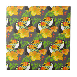 Carreau Toucan Oiseau Orange Fleurs Tropicales Feuilles Ve